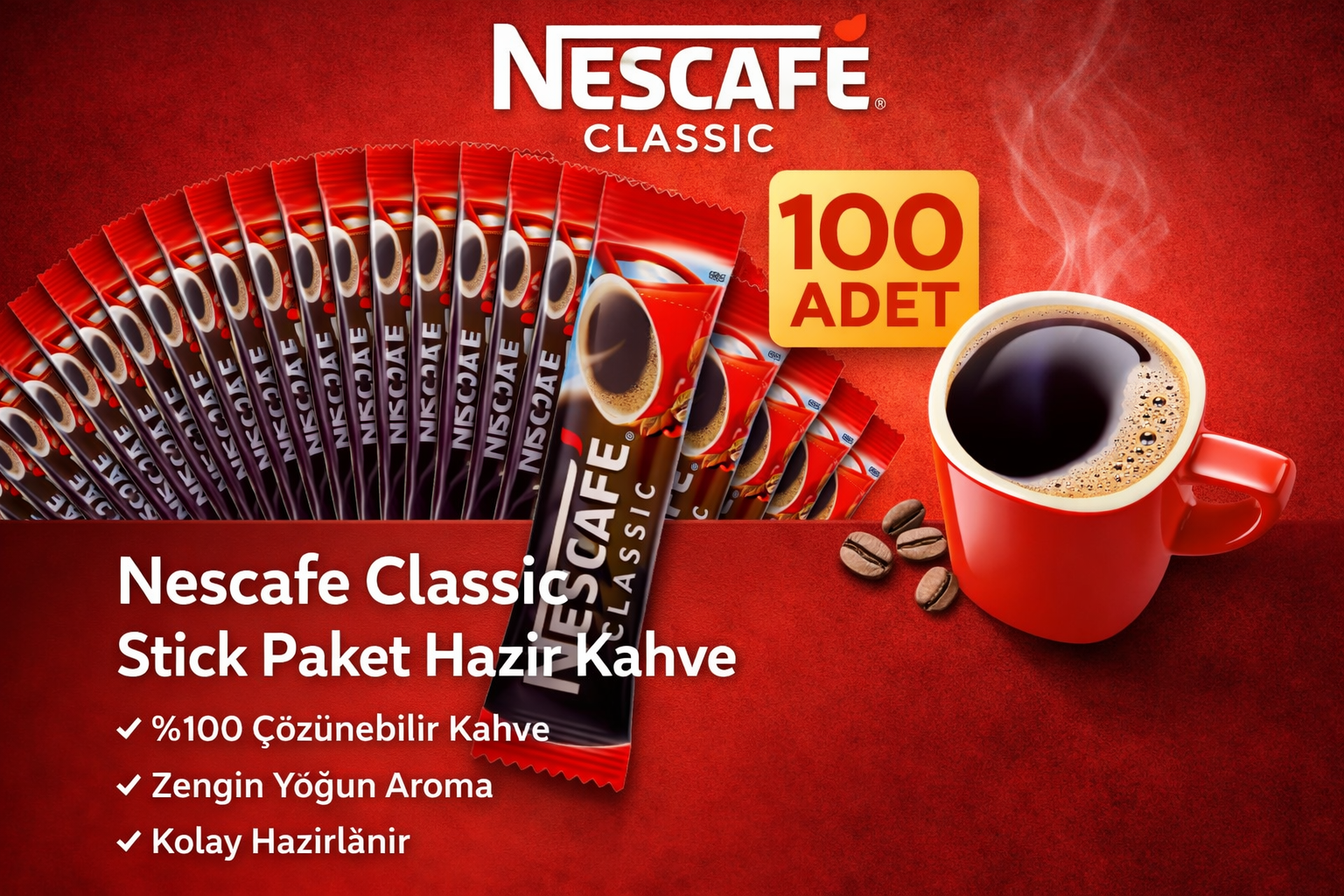 Kahve Classic 2 gr Stick Hazır Kahve 100 Adet %100 Çözünebilir Yoğun Aromalı