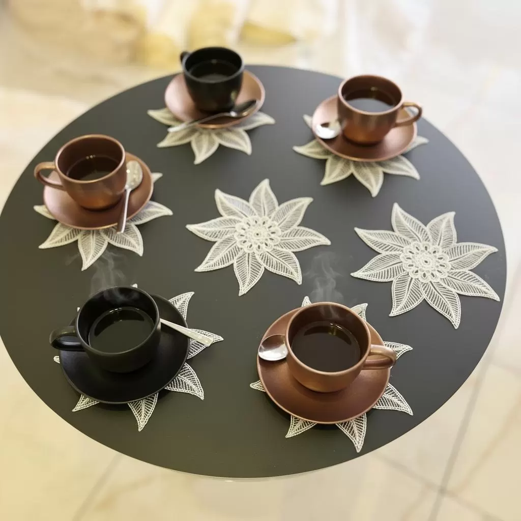 6 lı Dantel Kahve Sunumluğu 15x15 cm Asorti Desenli Bardak Altlığı Türk Kahvesi Fincan Sunum Seti