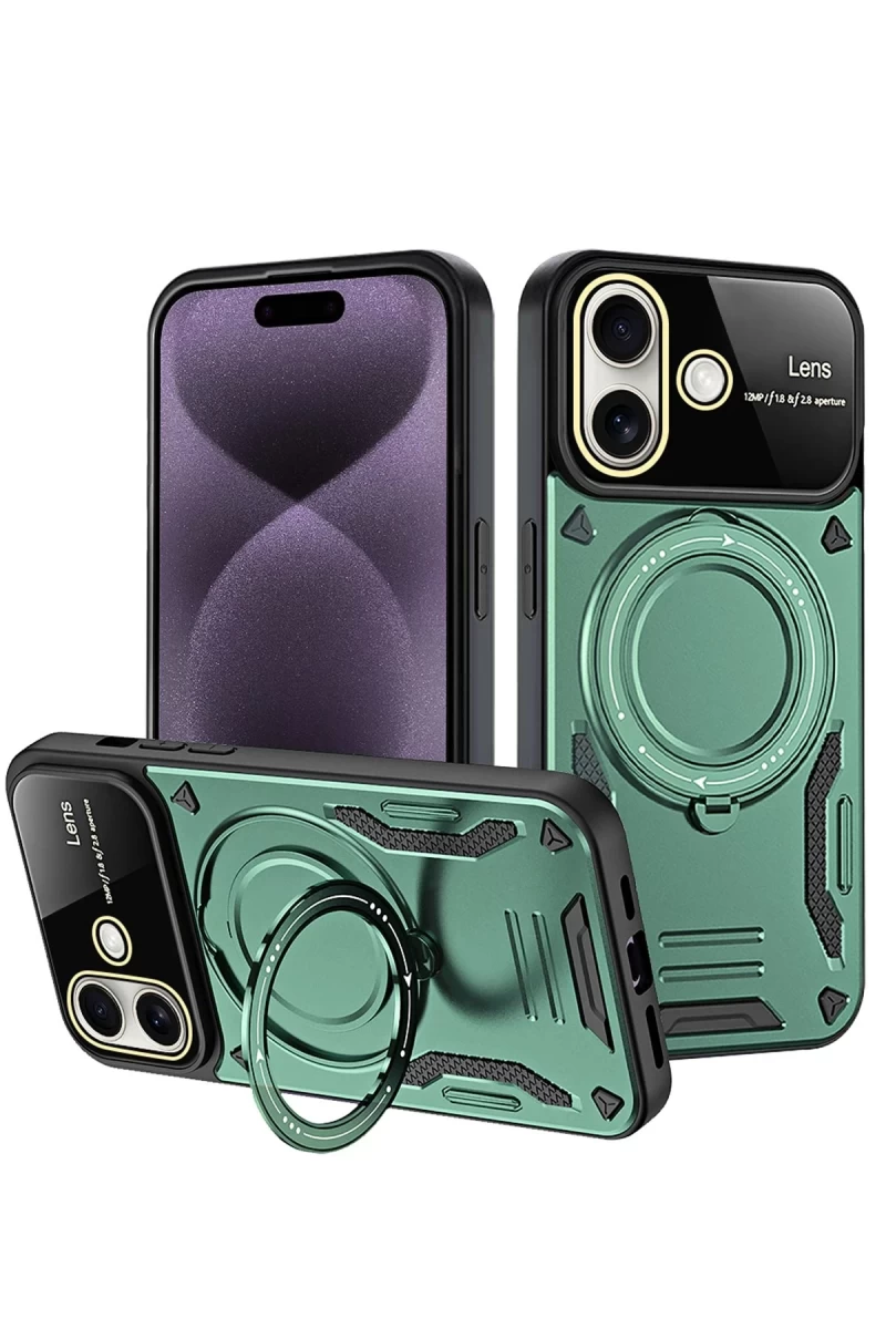 Apple iPhone 16 Uyumlu Kılıf Joy Lens Standlı Kapak - Koyu Yeşil