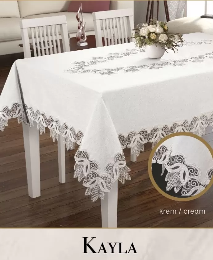 Kayla Model Krem Keten Masa Örtüsü 155x260 cm Dantel Yemek Masası Örtüsü