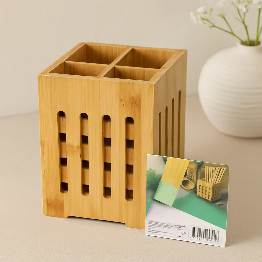 Ahşap Bambu 4 Bölmeli Kaşıklık Organizer (11x11 cm, Pencereli)