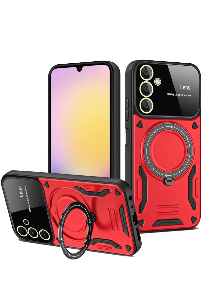 Samsung Galaxy S25 Plus Uyumlu Kılıf Joy Lens Standlı Kapak - Kırmızı