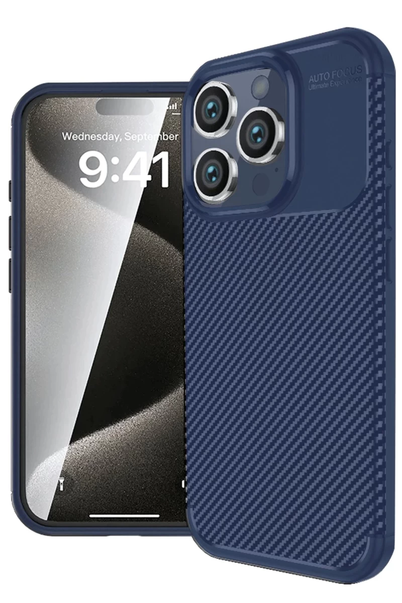 Apple iPhone 16 Pro Uyumlu Kılıf Auto Focus Karbon Kapak - Lacivert