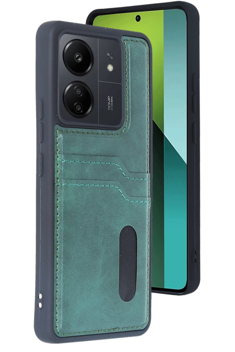 Xiaomi Redmi 13C Uyumlu Kılıf Sara Kartvizitli Deri Kılıf - Koyu Yeşil