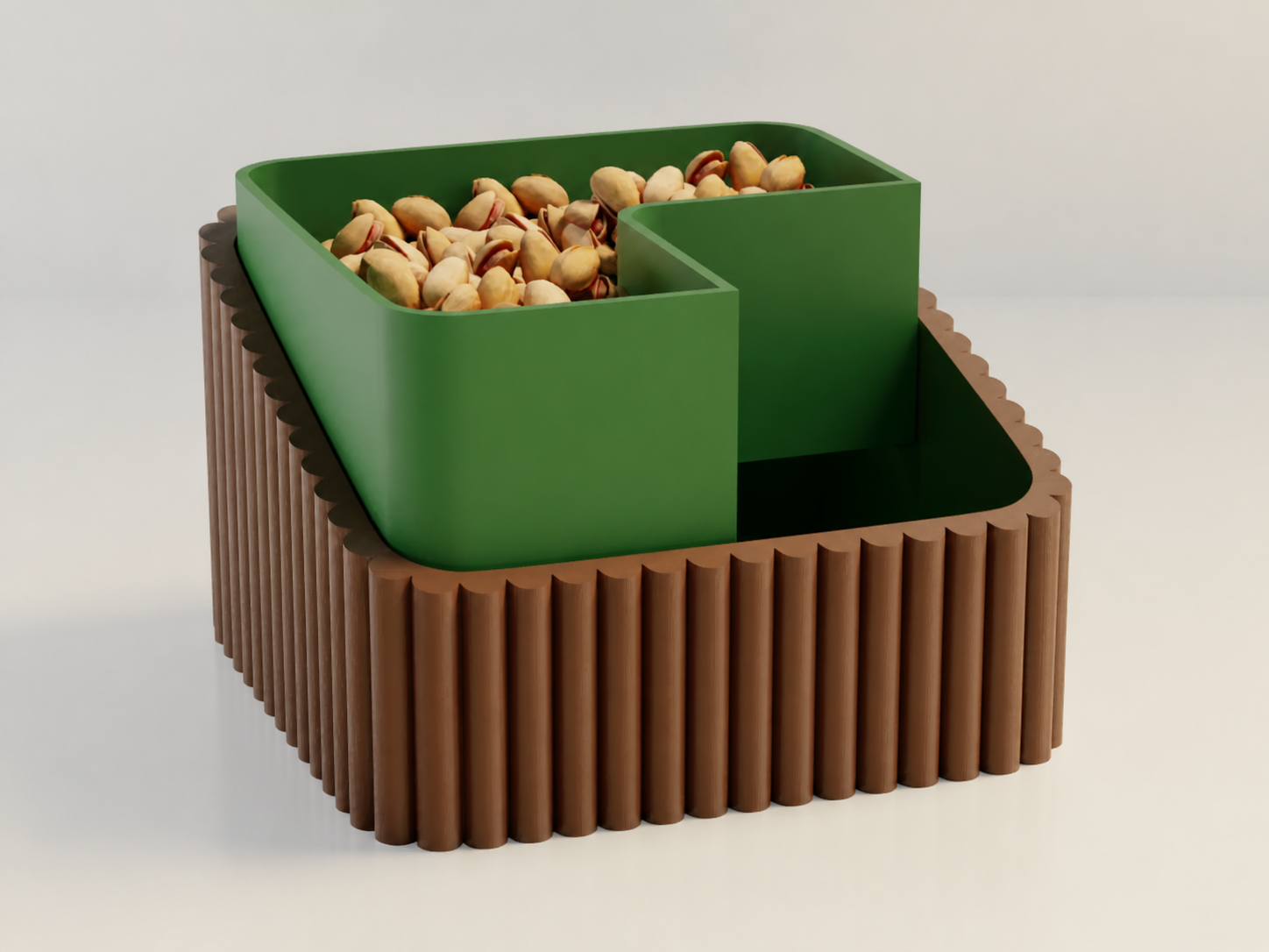 3D Baskı Fıstık Kasesi - Çift Hazneli Kabuk Ayırıcı Sunum Kasesi - Kahverengi Yeşil