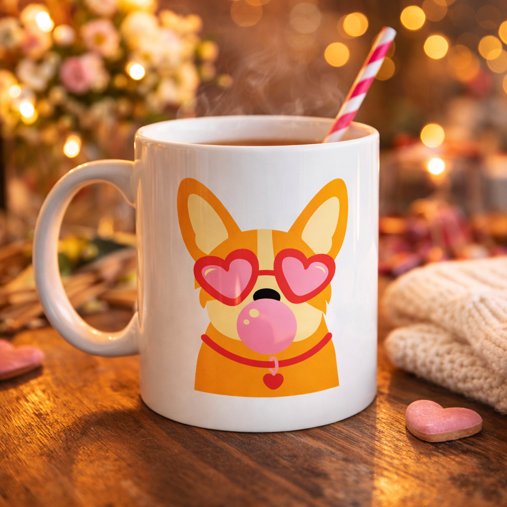 Sevimli Corgi Desenli Porselen Kupa Model 44 – Kalpli Gözlüklü Köpek Tasarımlı, Eğlenceli & Hediye Fikri