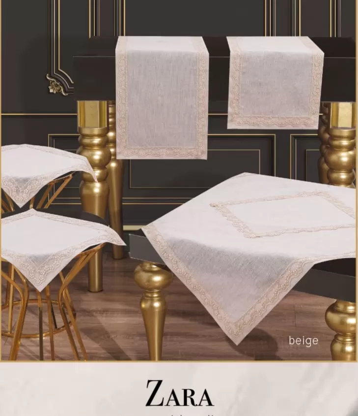 Salon Takımı 5 Parça Dantelli Keten Masa Örtüsü Runner Seti Çeyizlik Zara Model Bej