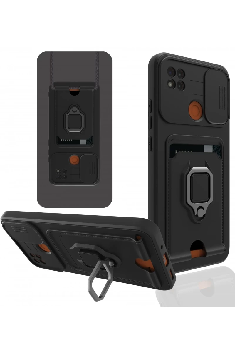 Xiaomi Redmi 9C Uyumlu Kılıf Zuma Kartvizitli Yüzüklü Silikon - Siyah