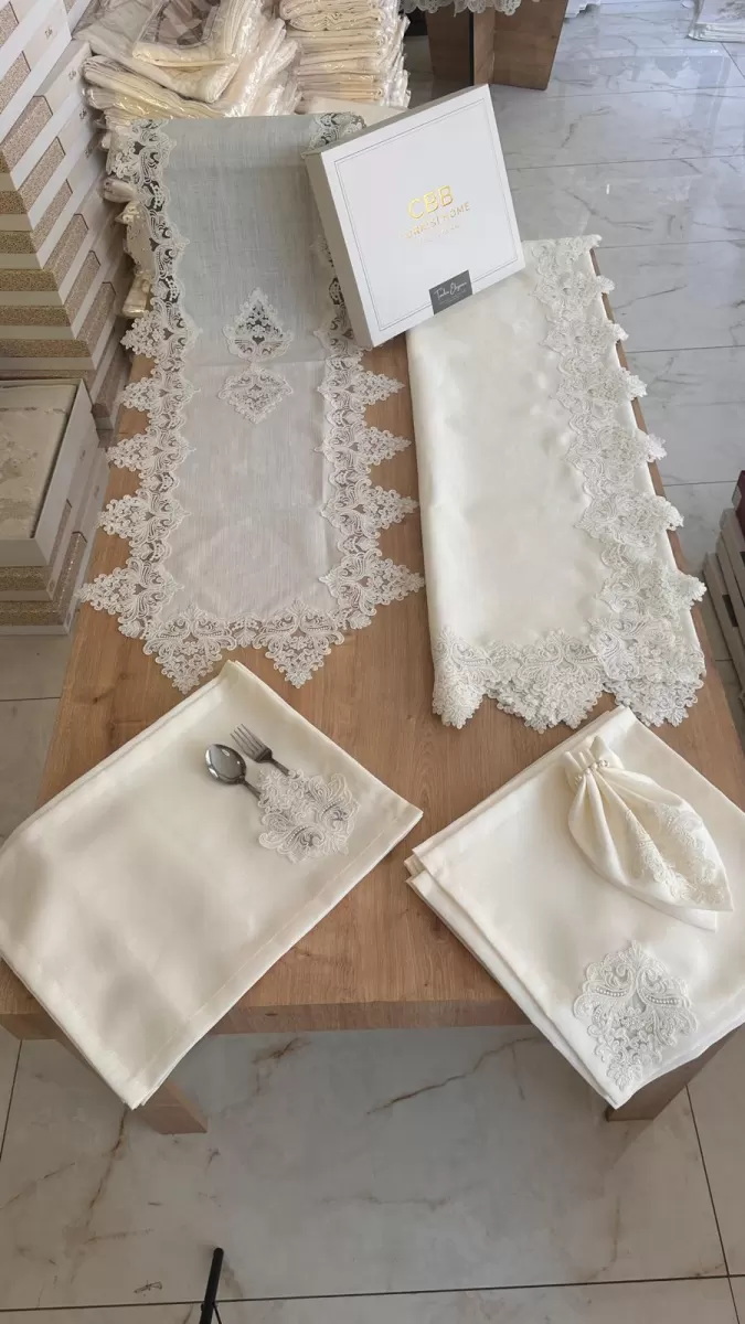 Sofra Takımı Mimoza Gardenya Keten Yemek Takımı 160x260 Masa Seti 26 Parça Runner Set Krem