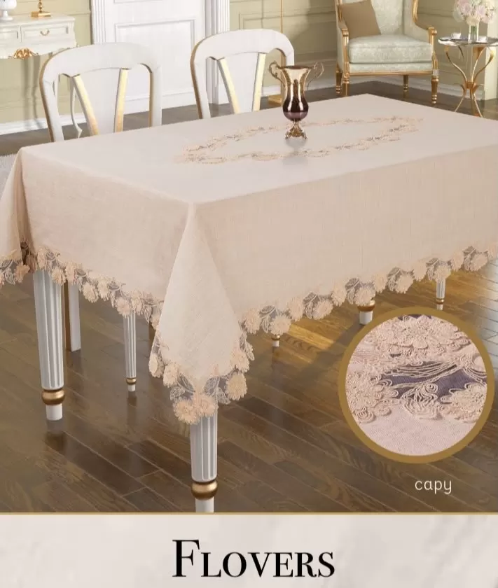 Flowers Model Keten 3D İşlemeli 160x260cm Kapiçino Dantelli Dekoratif Masa Örtüsü