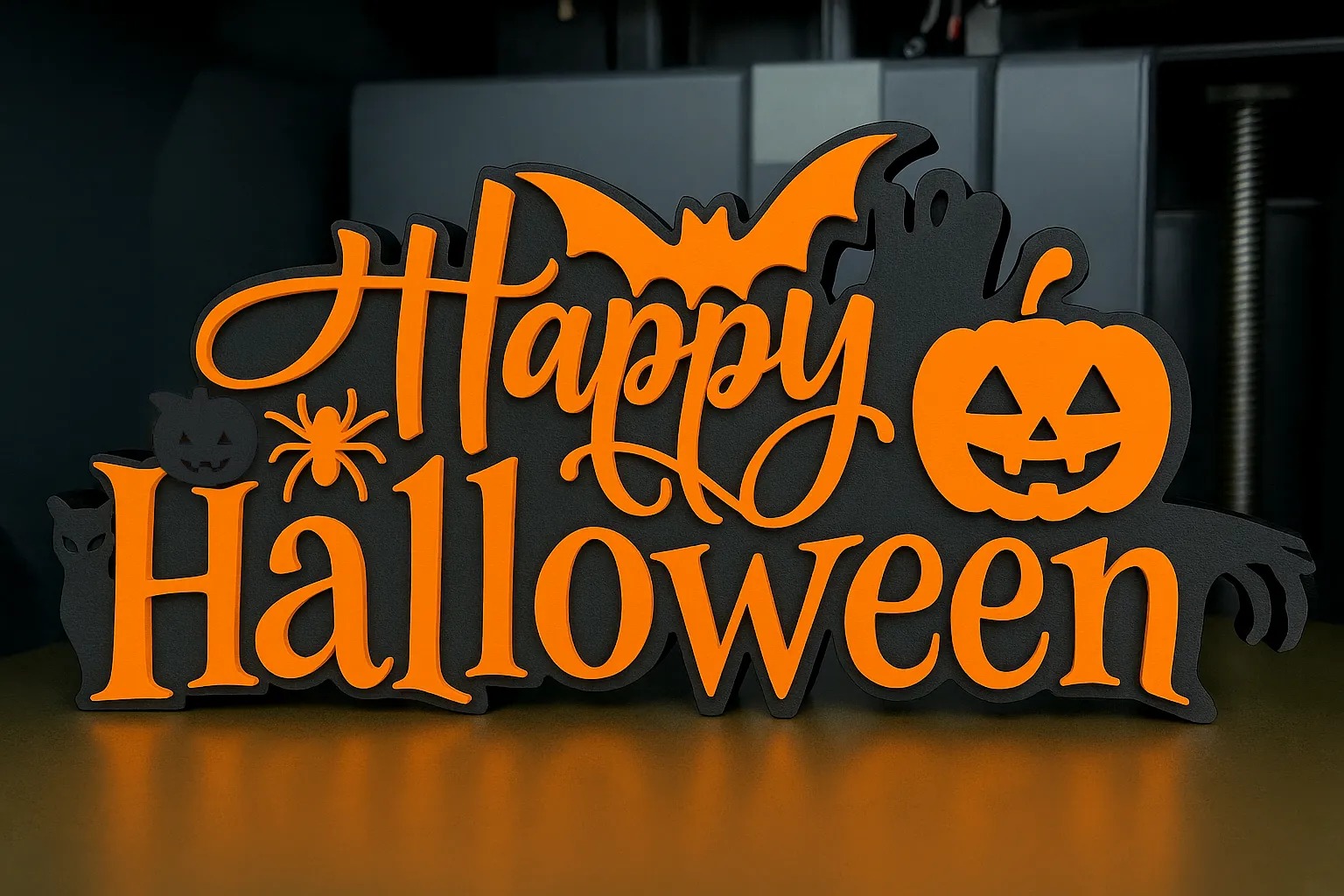 3D Baskı Happy Halloween El Yazısı Masa Süsü Katmanlı Yarasa Balkabağı Örümcek Dekor Turuncu Siyah